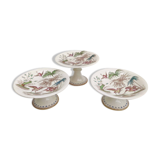 Trois compotiers porcelaine décor héron et bambou