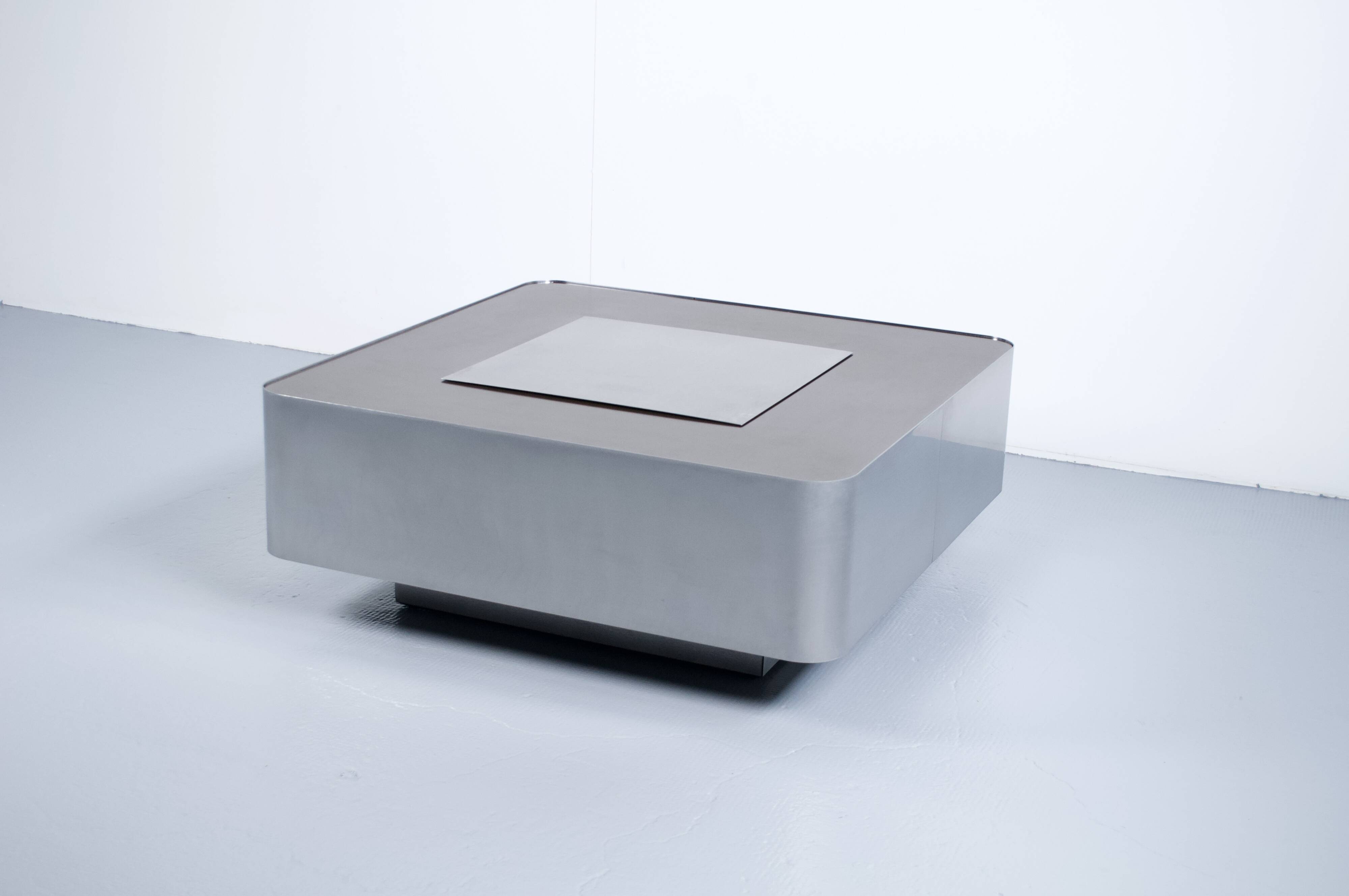 1970s COFFEE TABLE BAR BRUSHED STEEL AND BROWN MELAMINE