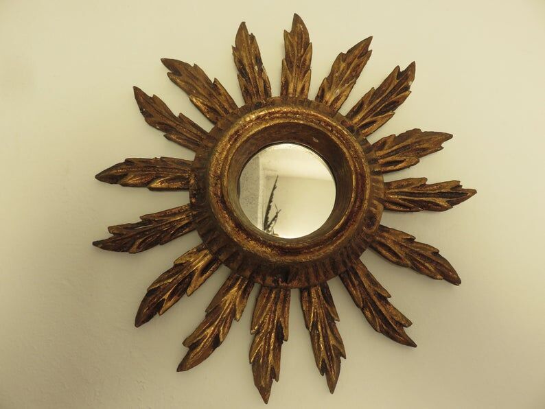 Old golden wood sun mirror 27cm