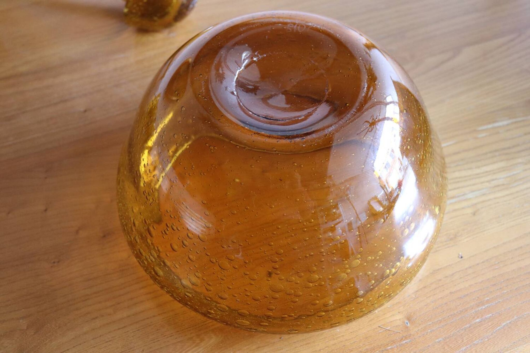 Vintage amber blown bubble glass salad bowl and ladle.