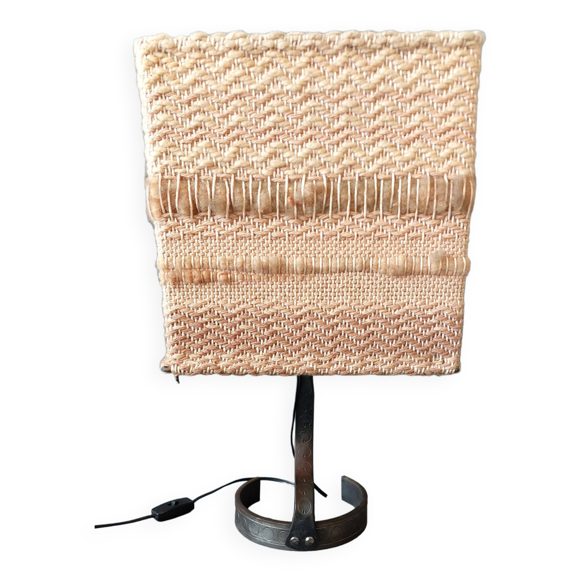 Lampe brutaliste 1950 en fer forgé abat-jour en laine fait main.