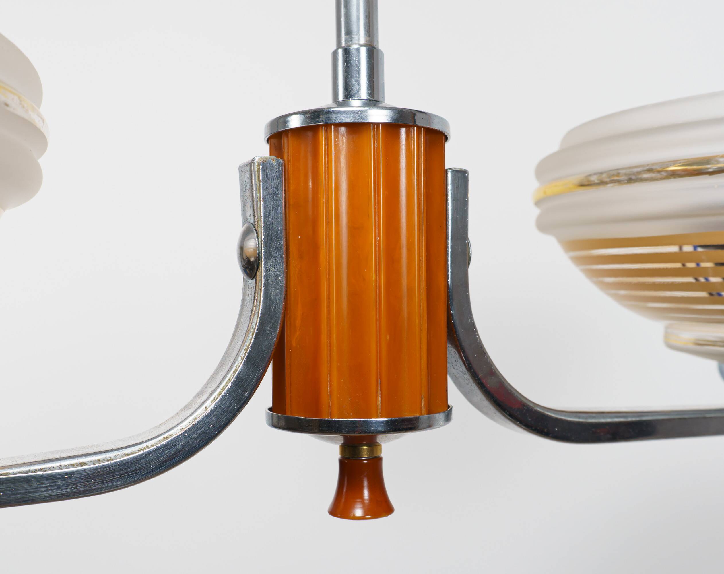 1930s English Art Deco 2-Arm Chrome & Butterscotch Bakelite Chandelier Lamp
