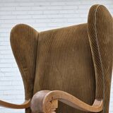 1970s, Scandinavian highback armchair, furniture corduroy, carved oak wood.