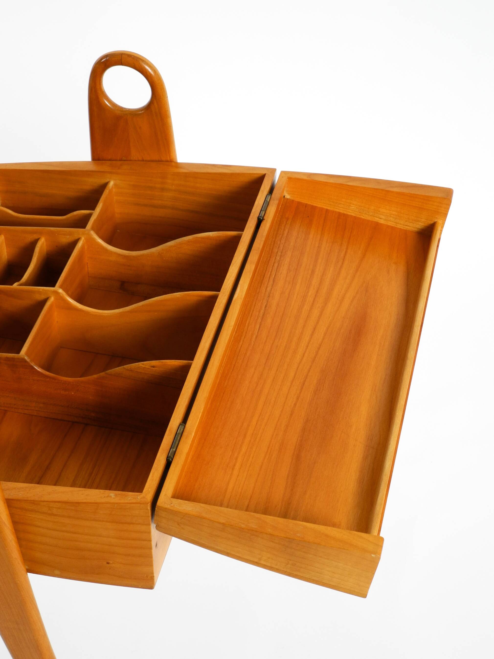 1950s ash wood sewing box, with a hinged top, multiple compartments