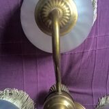 Vintage chandelier art-deco gold metal bronze three half-globes frosted glass and fabric stamps