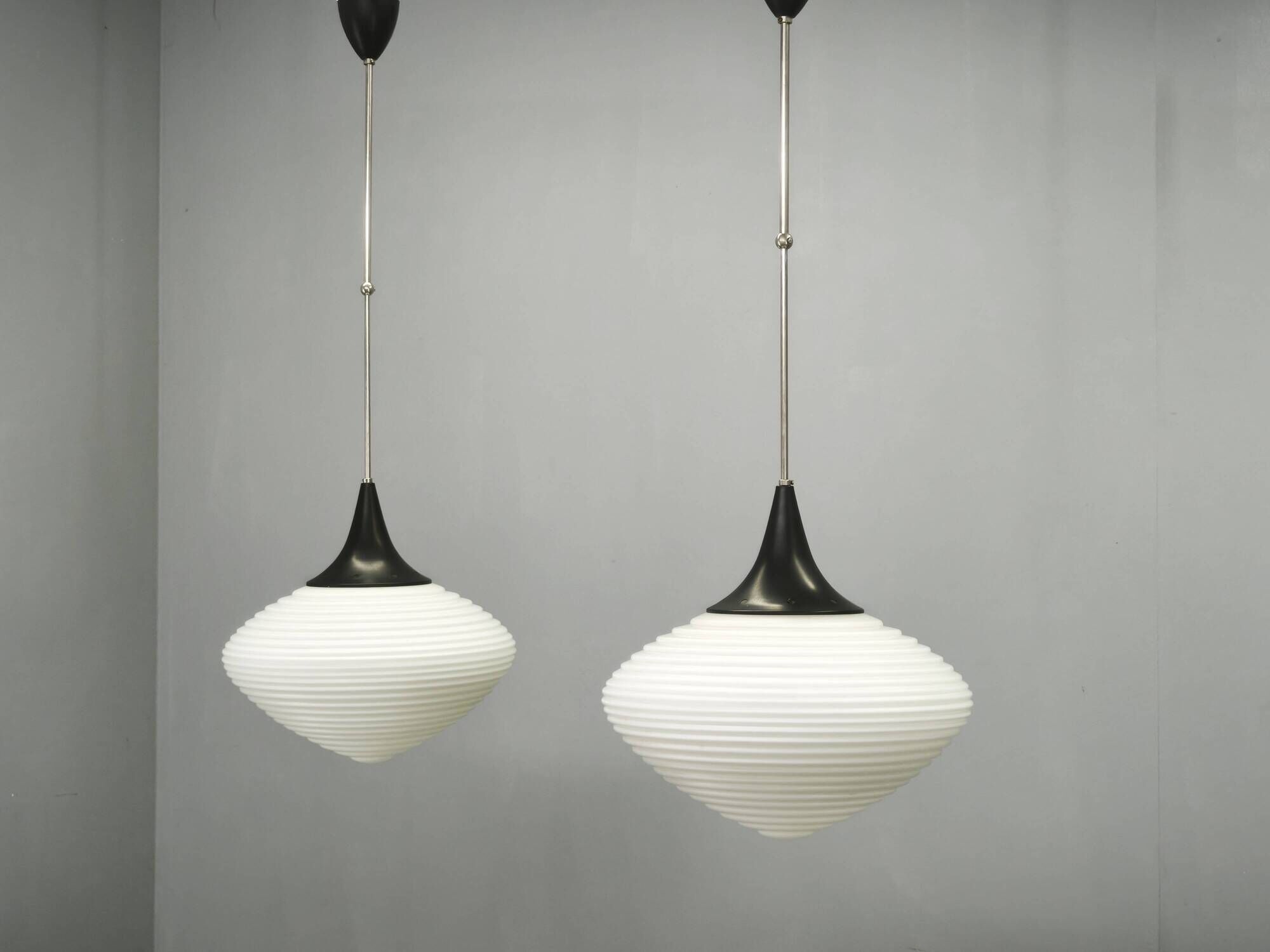 Pair of Space Age Opaline Glass Pendants, Czechoslovakia, 1970s