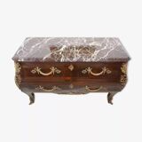 Antique chest of drawers in mahogany, Amboyna burl, red marble and bronze
