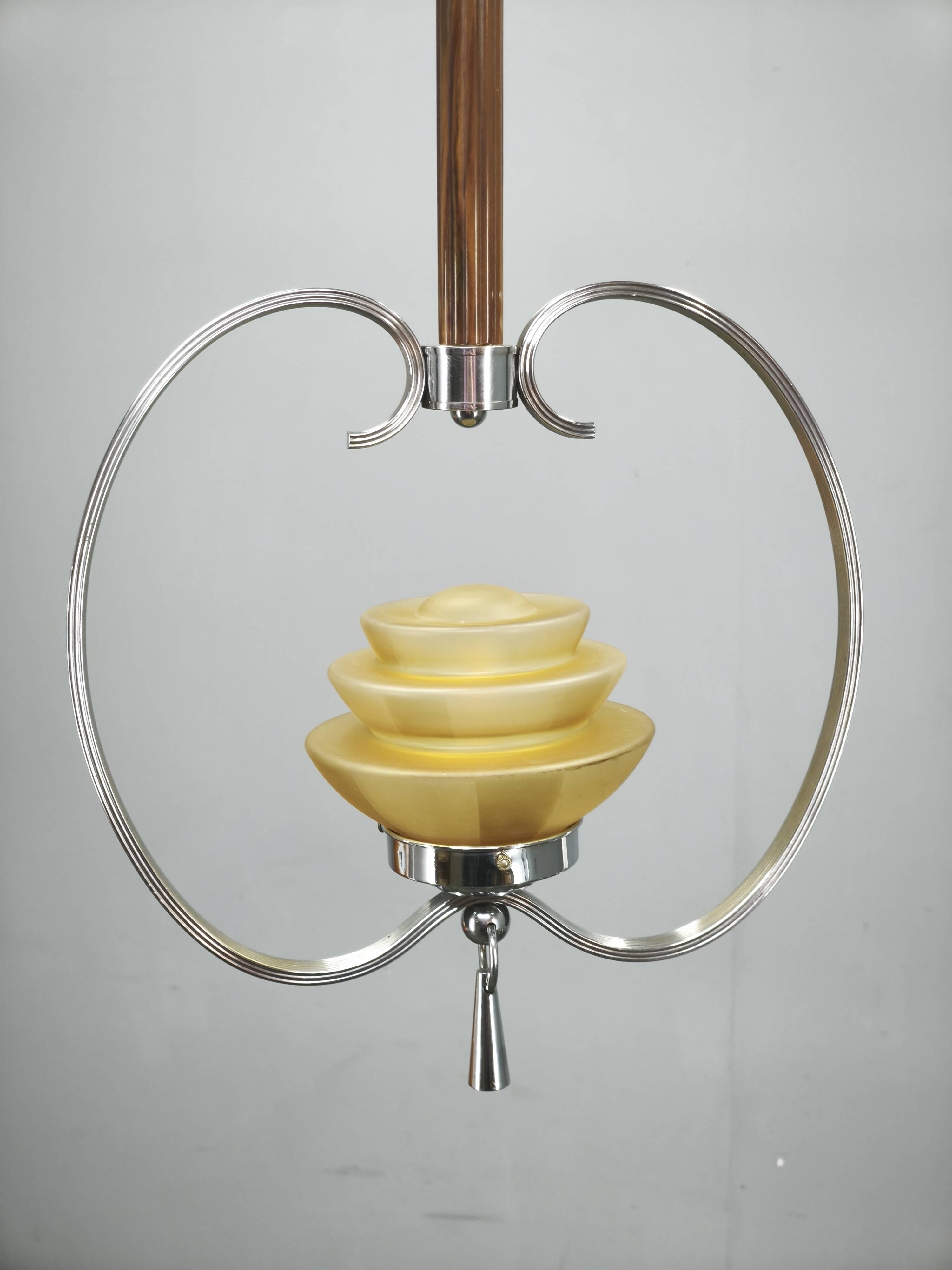 1930s Czech Art Deco Chrome and Frosted Glass Chandelier