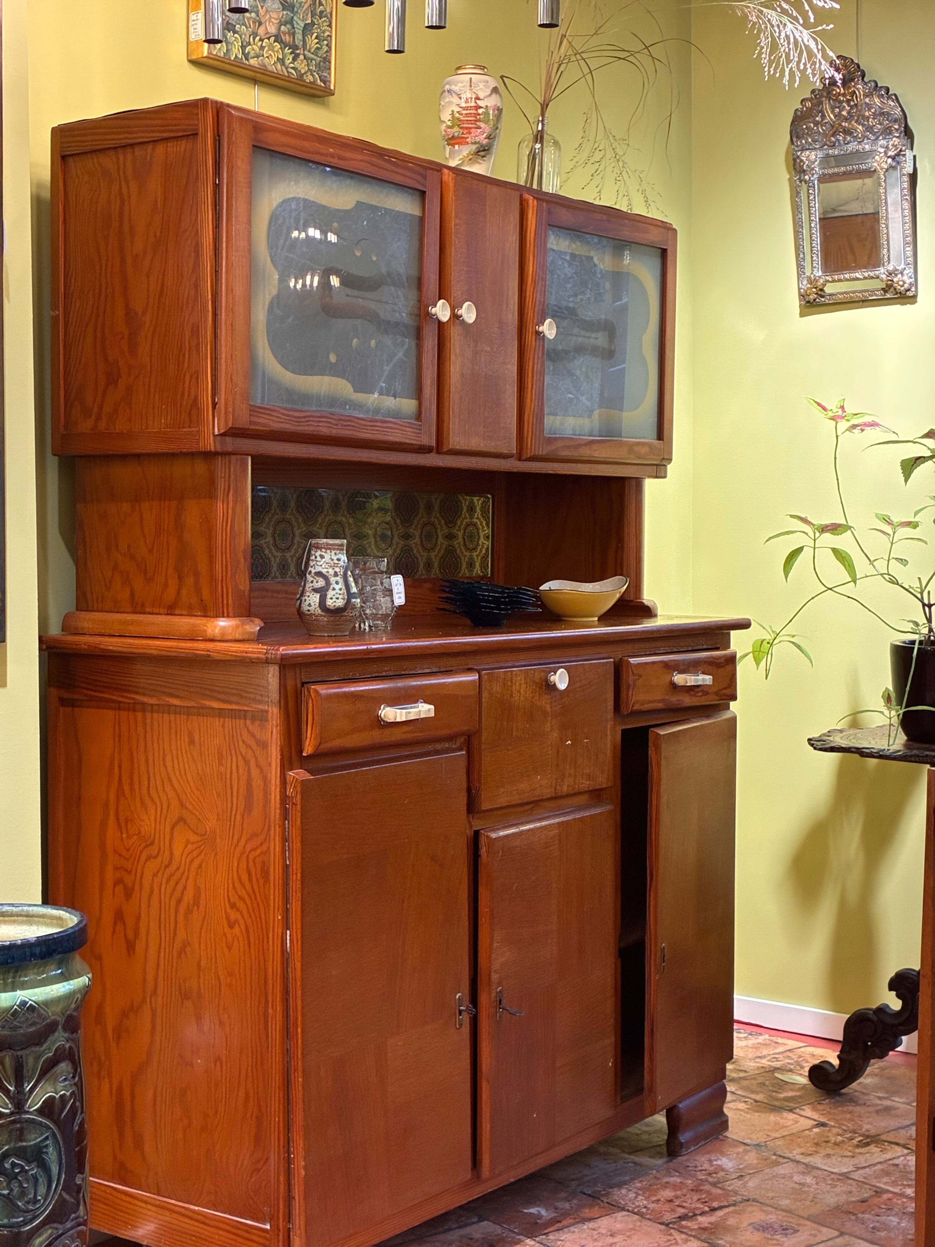 Buffet Double Corps Vintage Art Déco / Populaire en Bois Blond