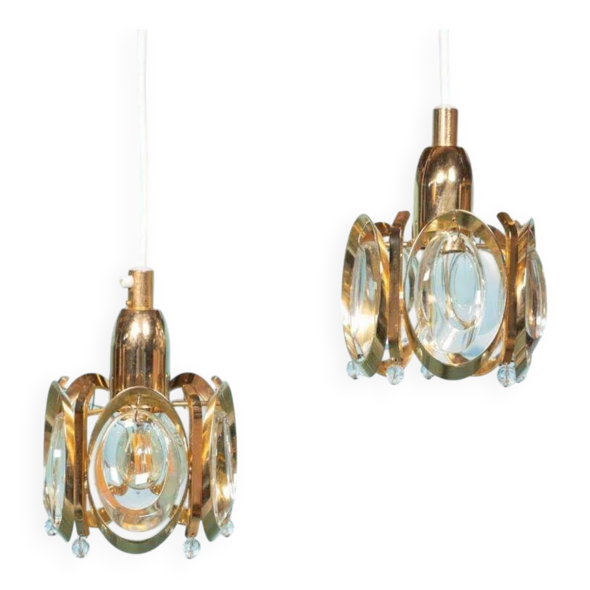 Vintage brass and crystal suspension Palwa, mid-century suspension.