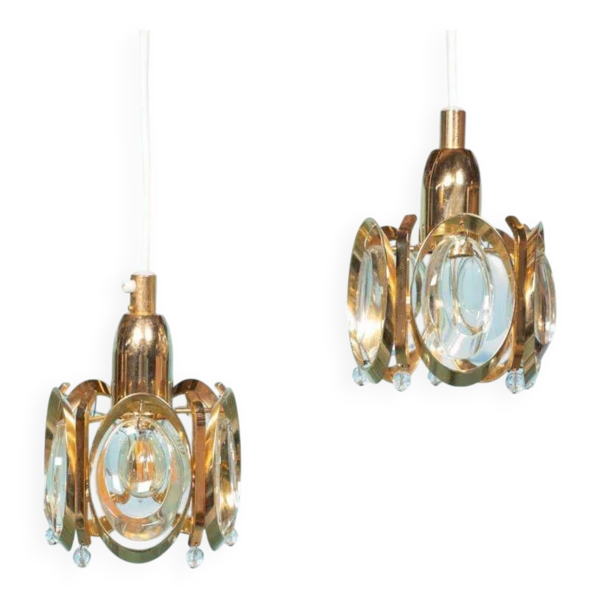 Vintage suspension en laiton et cristal Palwa, suspension mid-century