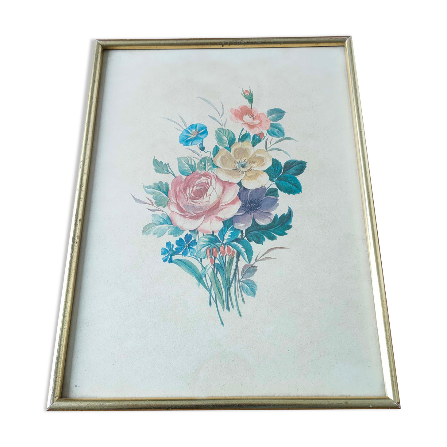 Illustration bouquet flowers frame gilded wood