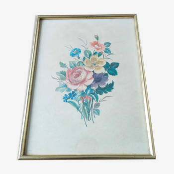 Illustration bouquet fleurs cadre bois doré