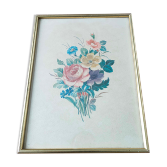 Illustration bouquet fleurs cadre bois doré