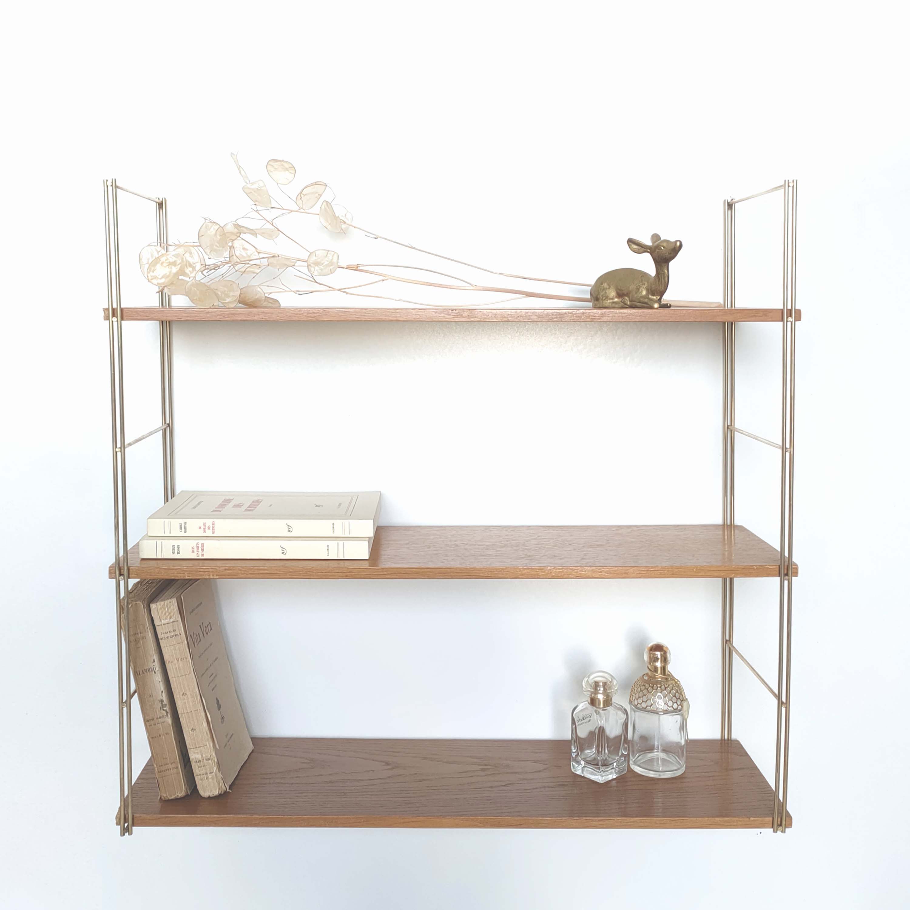 Vintage wall shelf gold metal and wood