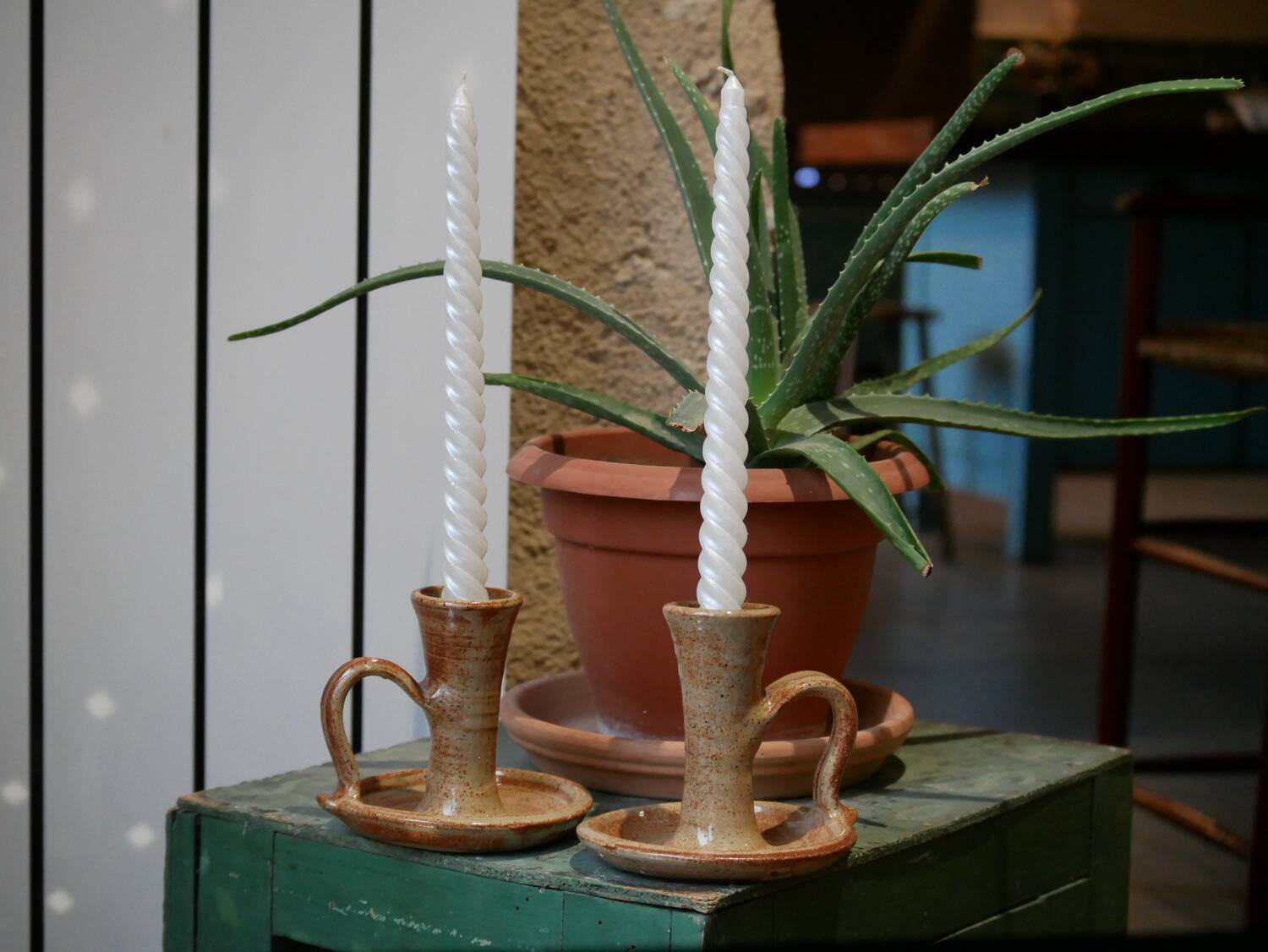 Stoneware candle holders - set of 2 (signed)