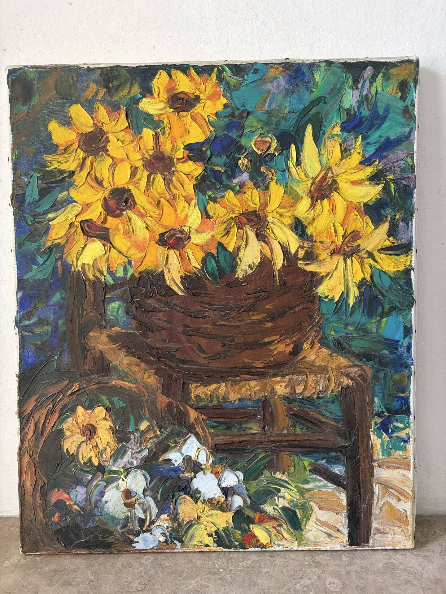 Basket of sunflowers, knife oil
