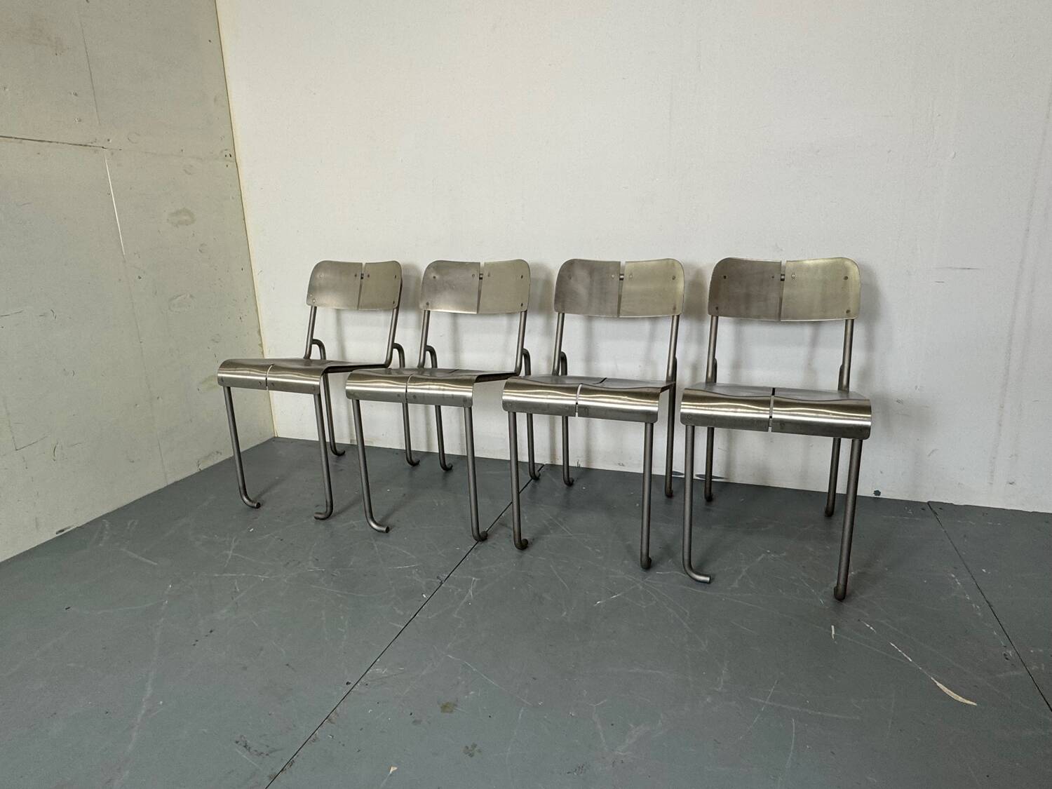 Memphis Architectural Stainless Steel French Dining Chairs, 1980s Set of 4