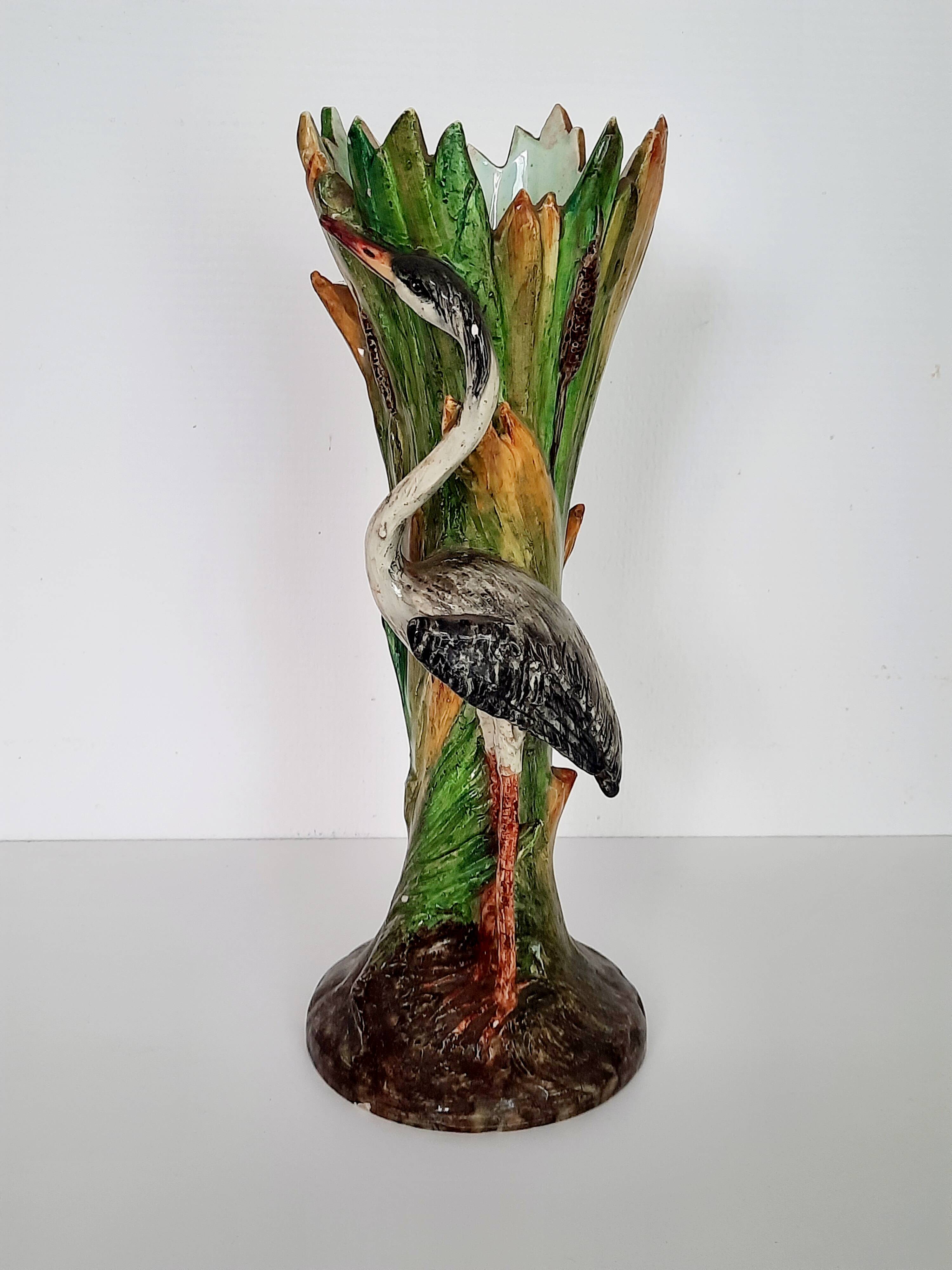 Art Nouveau majolica heron and iris vase