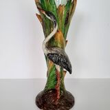 Art Nouveau majolica heron and iris vase