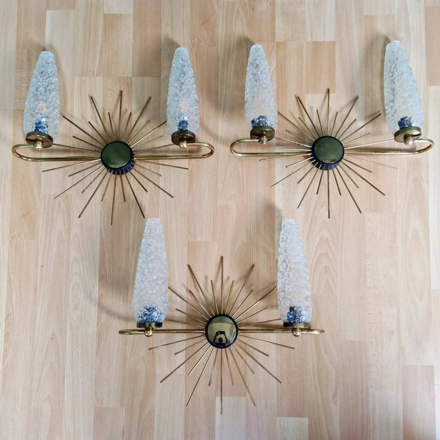 Wall lamp sun in brass and frosted glass (3 available), 1950