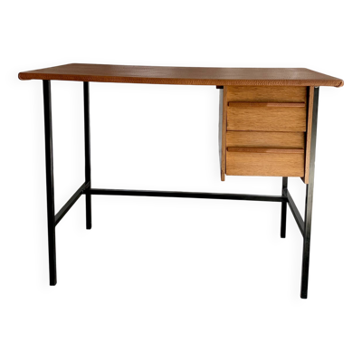 Bureau 2 tiroirs dessus cuir havane 1950