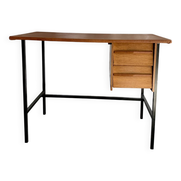 Bureau 2 tiroirs dessus cuir havane 1950