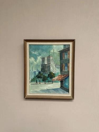Huile sur toile du milieu du siècle – « Scène de ville » par WB, signée, vintage et encadrée 40×47cm