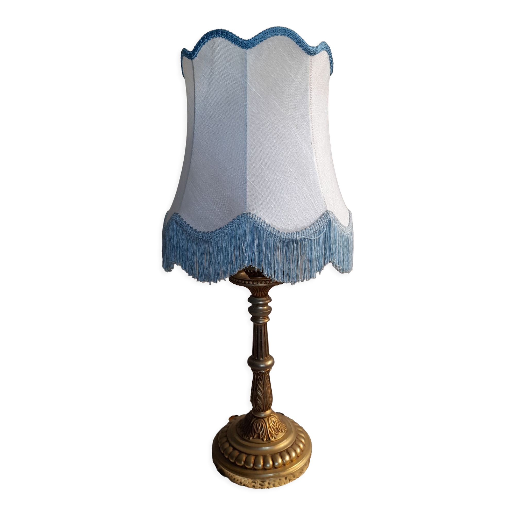 Table lamp bronze foot lampshade pagoda white and blue 50s