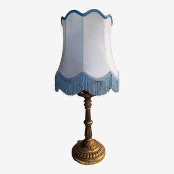 Lampe à poser pied bronze abat jour pagode blanc et bleu années 50