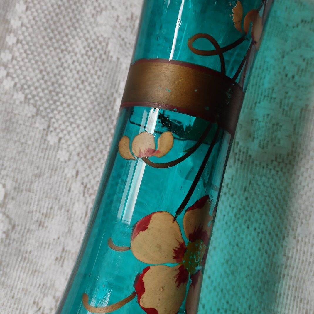 Large art nouveau turquoise blown glass vase