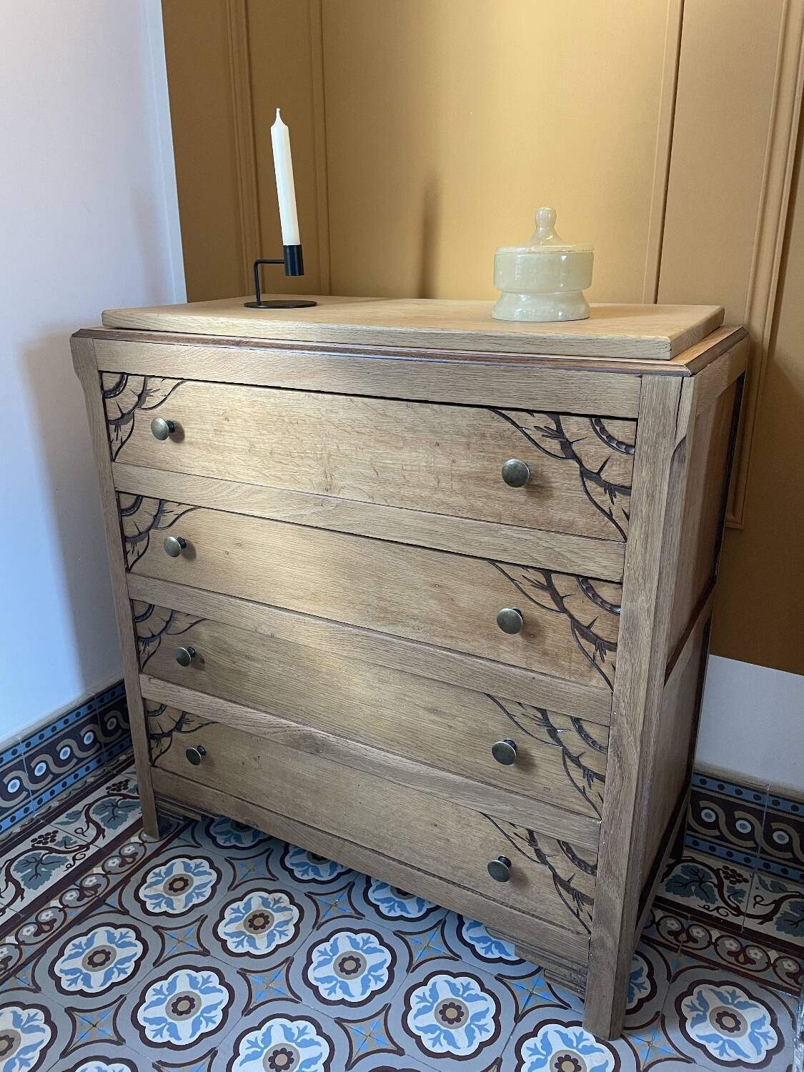 Carved solid oak chest of drawers