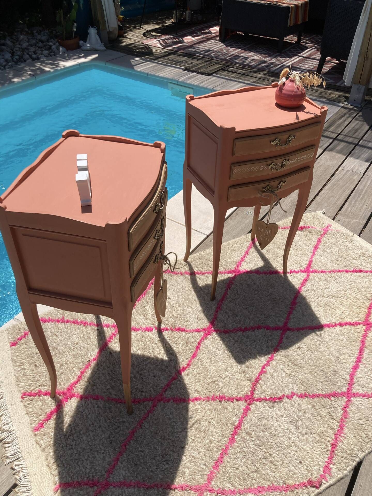 Pair of revamped bohemian / berber bedside tables with the heart "life is beautiful"
