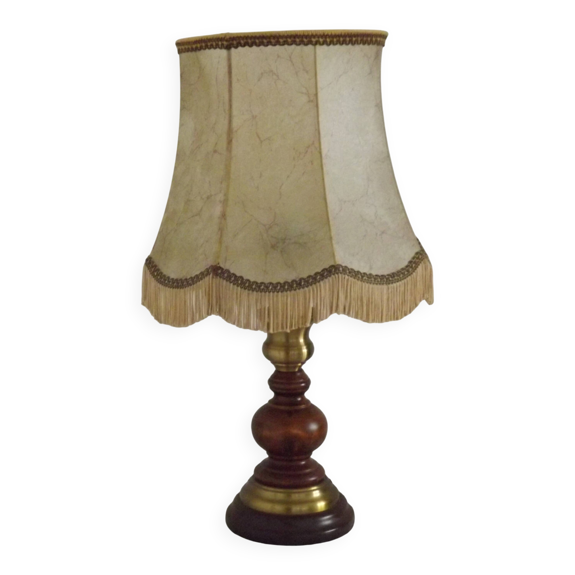 French Mid-Century Brass and Turned Wood Table Lamp with Hide Skin Shade