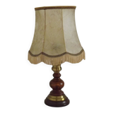 French Mid-Century Brass and Turned Wood Table Lamp with Hide Skin Shade