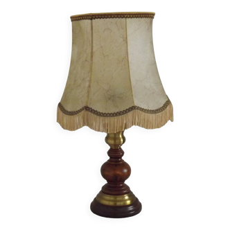 French Mid-Century Brass and Turned Wood Table Lamp with Hide Skin Shade