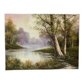 Tableau huile sur toile paysage forêt rivière vintage