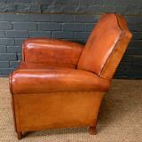 French leather club chair, chapeau de gendarme model circa 1930's in caramel