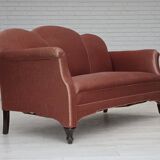 1950s, Danish 2-seater sofa, salmon pink furniture velour, oak wood legs.