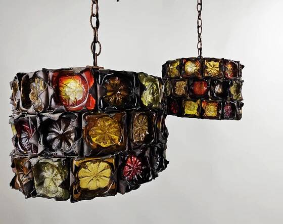 Very rare and unique set of pendant lamps, brutalist glass and metal by Felipe Delfinger for Feder, 1970s Mexico