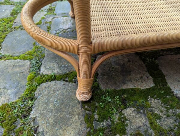 Table Basse Vintage en Rotin et Osier - Plateau Verre - Style Bohème