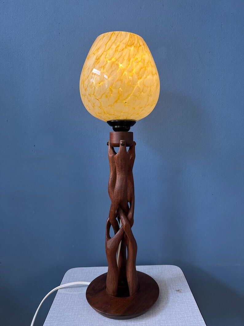 Hand-carved wooden table lamp with art deco lampshade