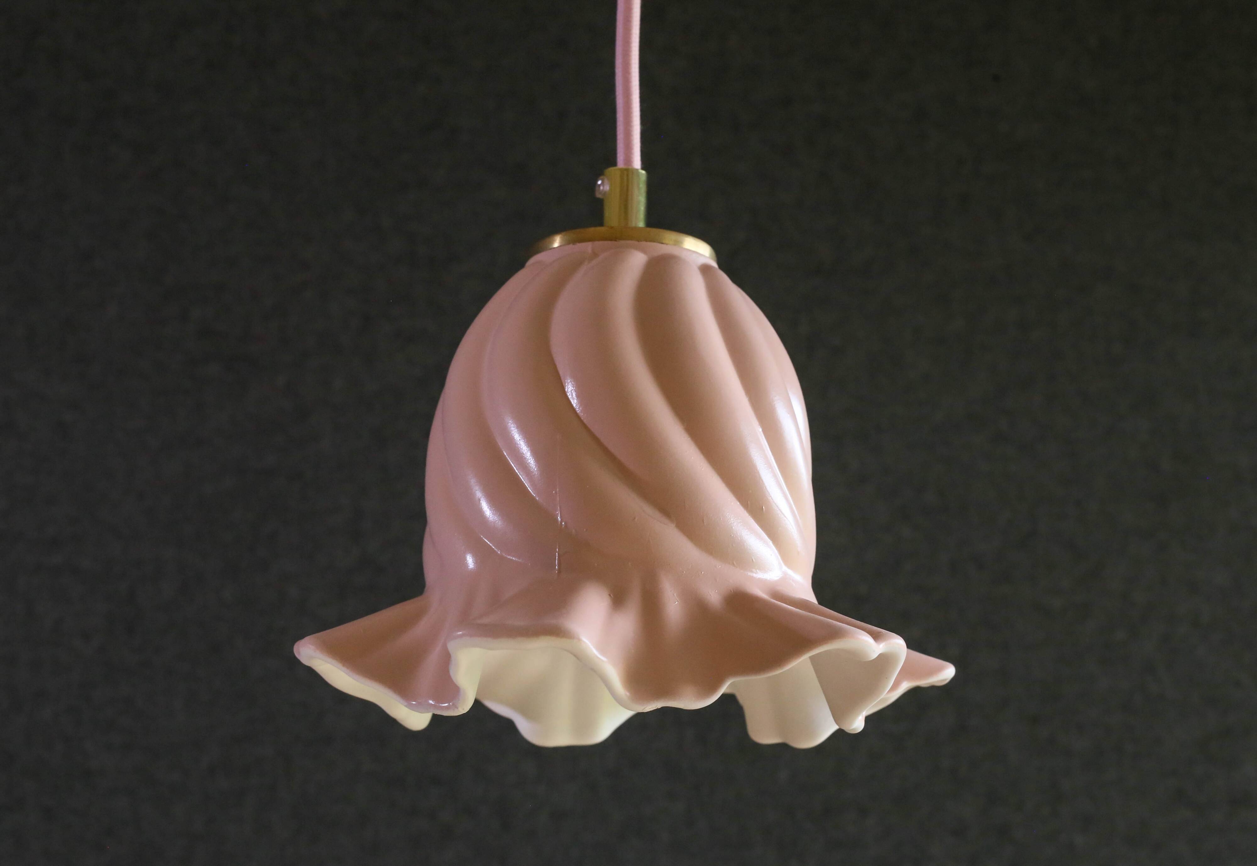 Old pendant light in pink and white painted glass, French pendant light - delivered with socket and cable