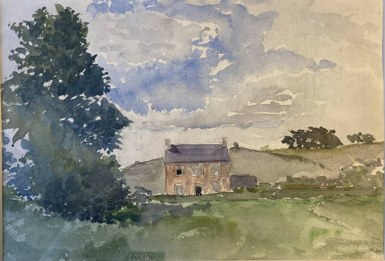 Tableau ancien, fermette à la campagne monogrammée ML, milieu XX siècle