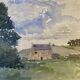 Tableau ancien, fermette à la campagne monogrammée ML, milieu XX siècle