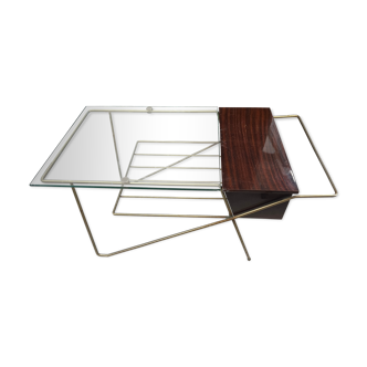 Vintage coffee table in gold metal and mahogany veneer
