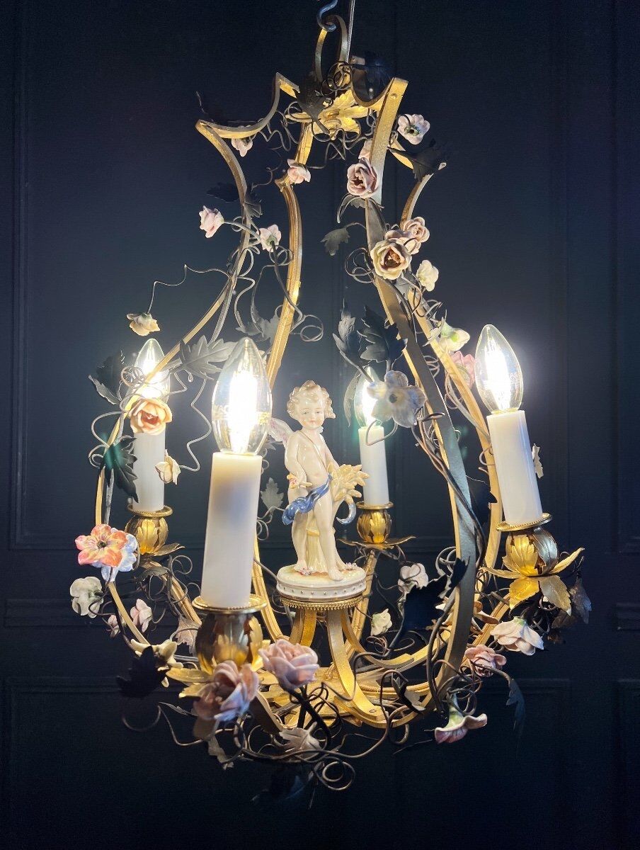 Napoleon III period cage chandelier in bronze and porcelain