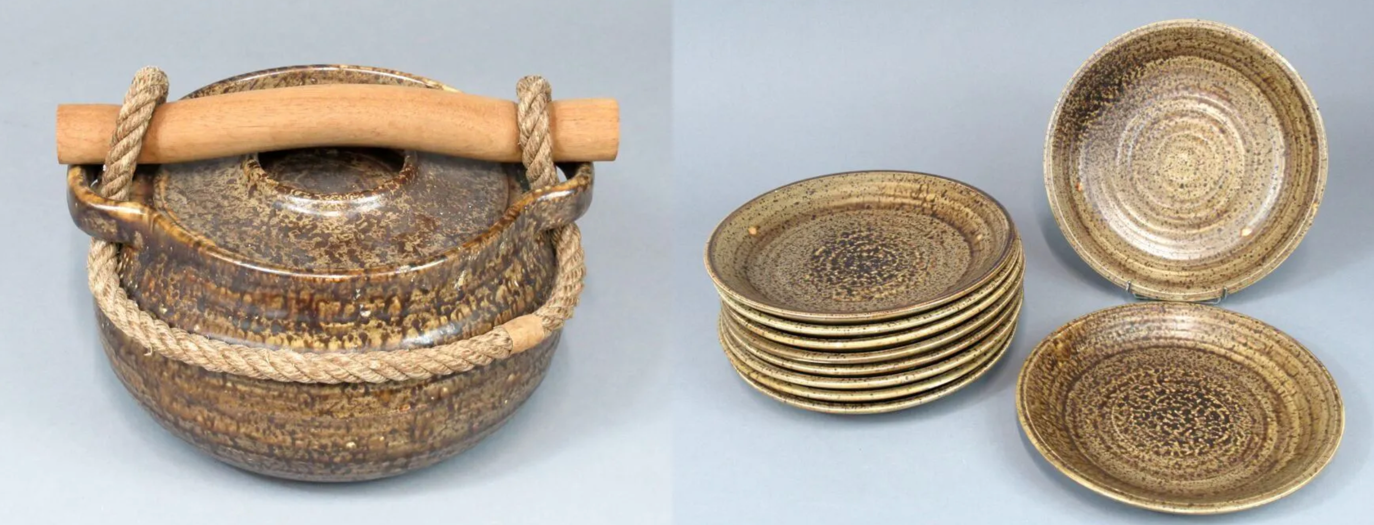 Ceramic set of soup tureen and plates Potier de l'Abbaye 1960 - 11 pieces