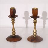 Pair of Scandinavian teak and brass candle holders