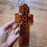 Honey-colored glazed ceramic cross, vintage 1970